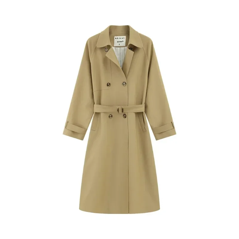 Khakifarbener zweireihiger Trenchcoat für Damen, britischer Retro-Stil, mittellanger Mantel, 2025, neue winddichte, elegante, lässige Oberbekleidung