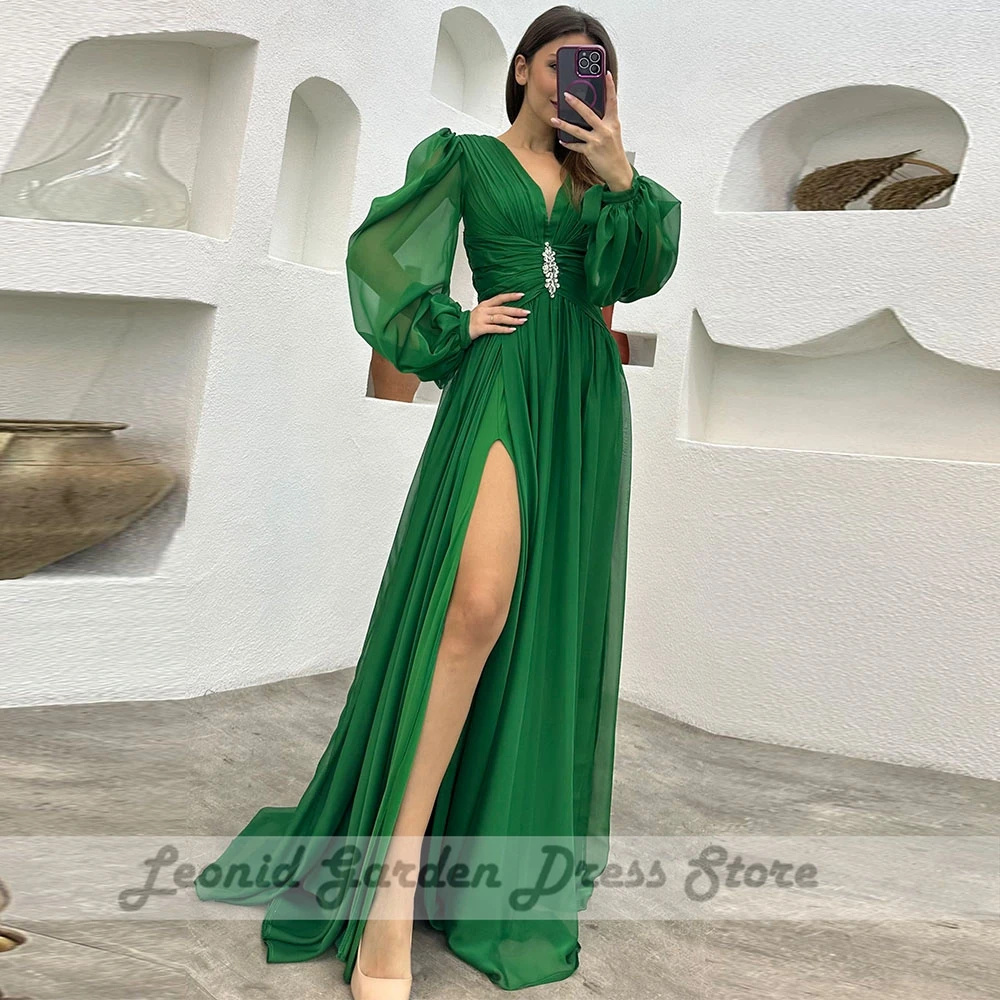 Black Chiffon Party Dresses High Side Split Illusion Puffy Full Sleeve Zipper Vestidos De Fiesta Elegantes Para Mujer 2023