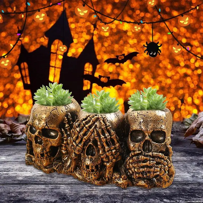 Halloween Flower Pot Skulls Halloween Decor Resin Gothic Planter Halloween Candy Bowl Skull Decor Ghost Planter For Home Store