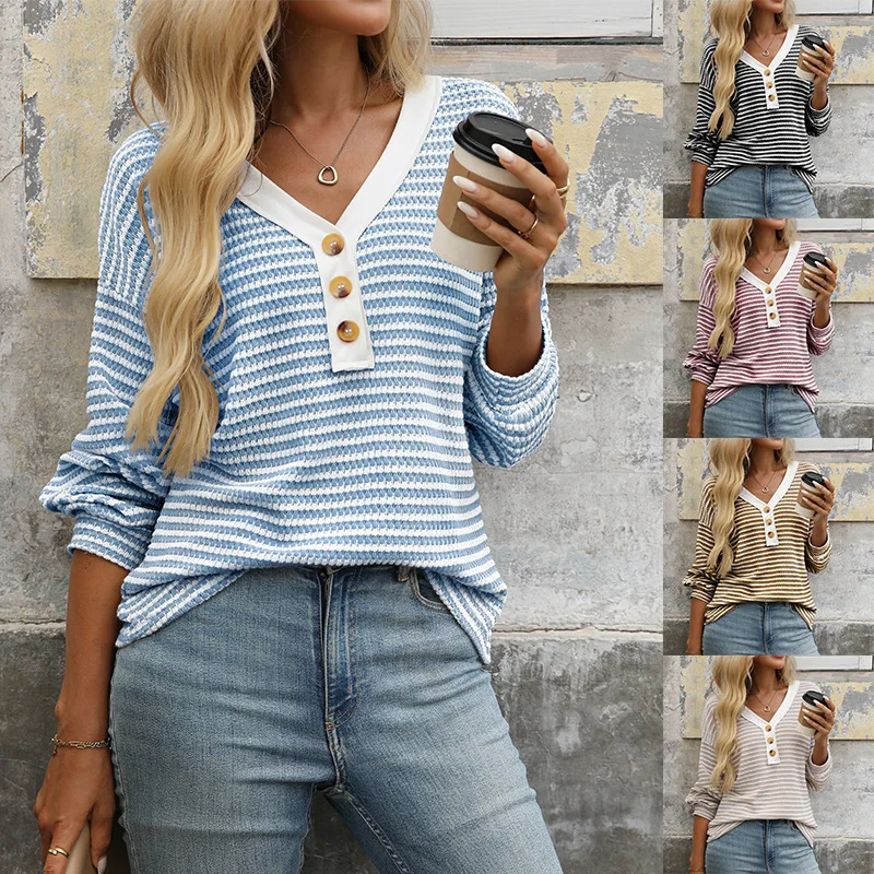 Women's Contrast V-Neck Striped Henley Top Long Sleeve Button Front Relaxed Fit Casual Blouse Spring Fall Shirt