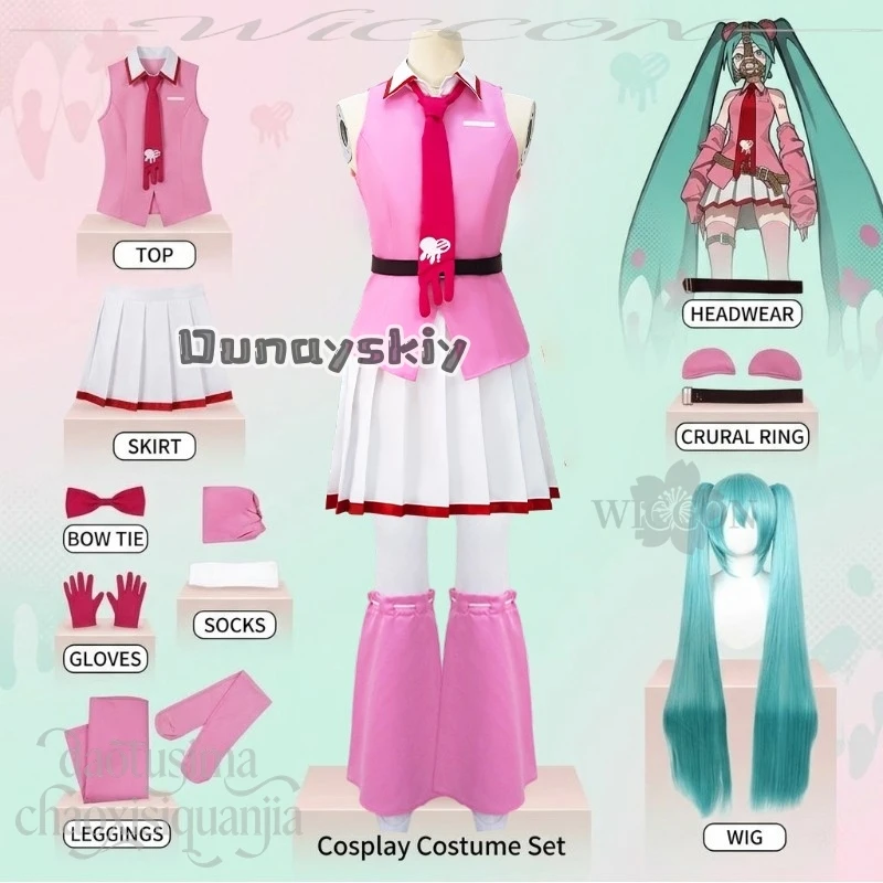 

Anime Game Project Sekai Cosplay Mikuuu Crossover Pink Bear New Outfit Kawaii Pink Vest White JK Dress Sweet Lolita Jirai Kei