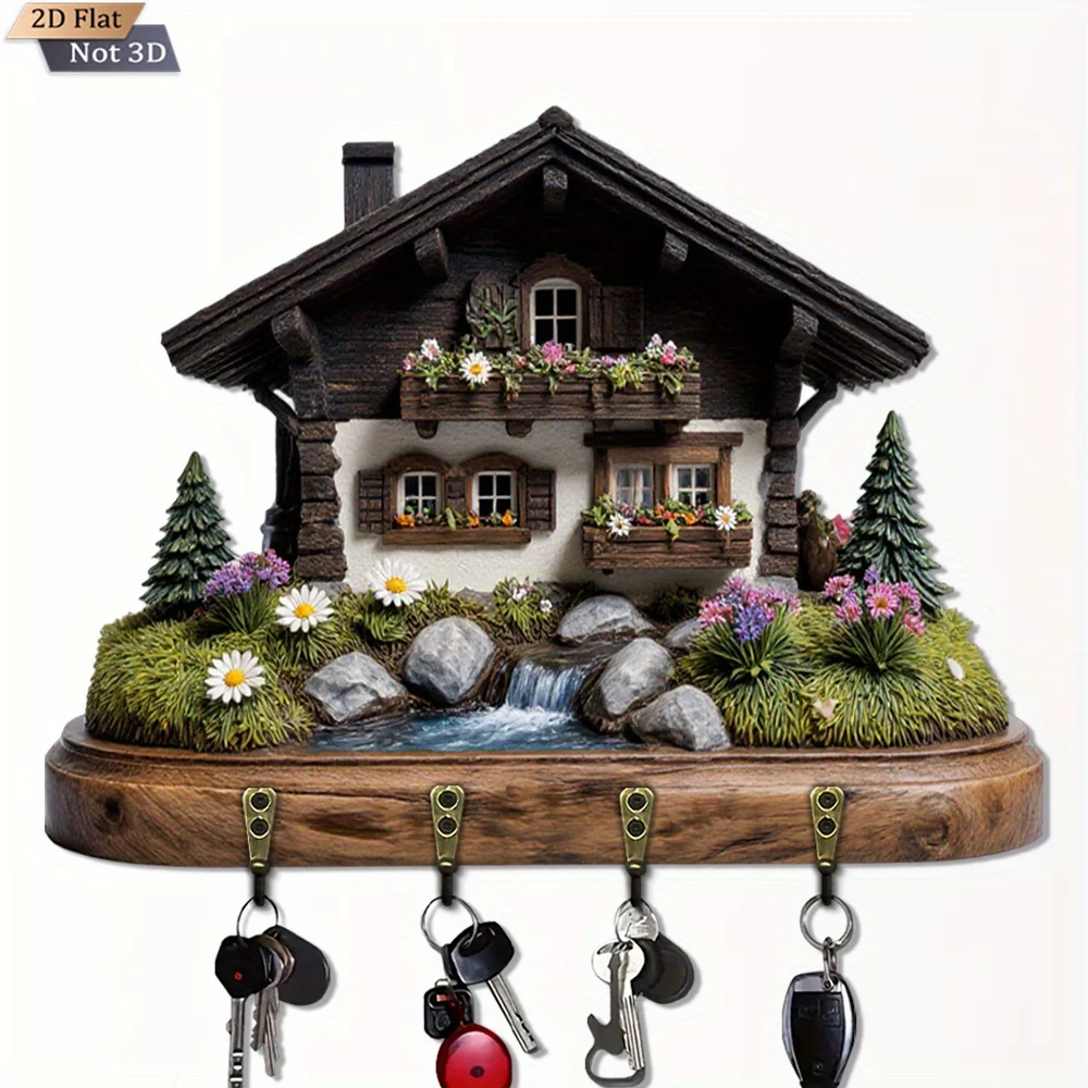 . 2D Flat. 1pc, Miniature Alpine Chalet with Garden Scene, Multifunctional wooden home key holder with four metal hooks,