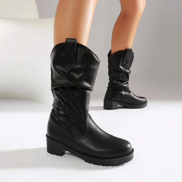 New Boots for Women Round Toe Low Chunky Heel Pull On Faux PU Wrinkled Booties Casual Fall Winter Comfortable Fashion Shoes