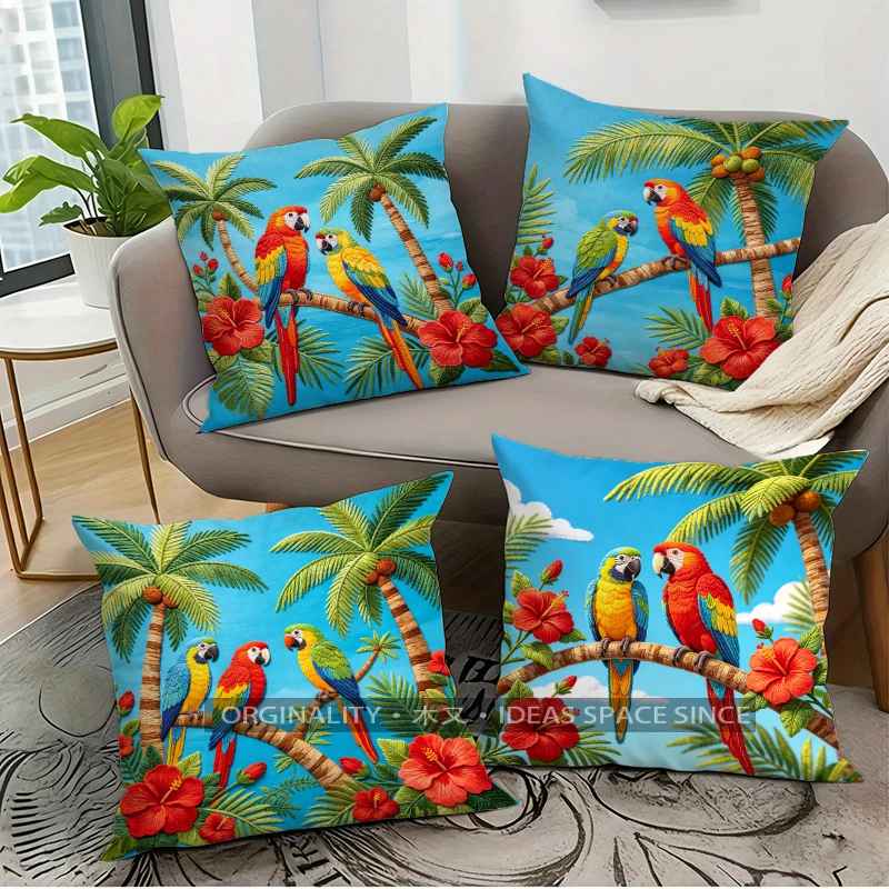 Tropical Parrot Palm Hibiscus Throw Pillow Covers Pattern Cushion Cover Suitable for Sofa Bedroom Car Pillow Cover