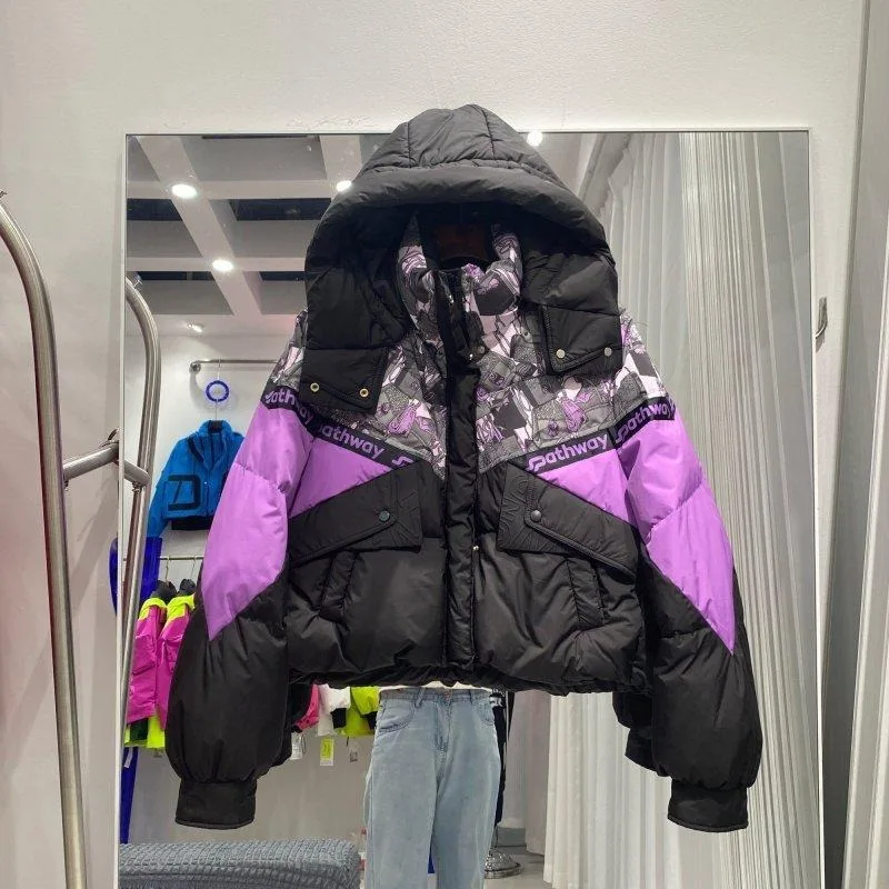 New Letter-style Down Jacket for Women Short Hooded Thick Jacket Fashionable and Trendy Brand Color-blocking Top Women’s Wear