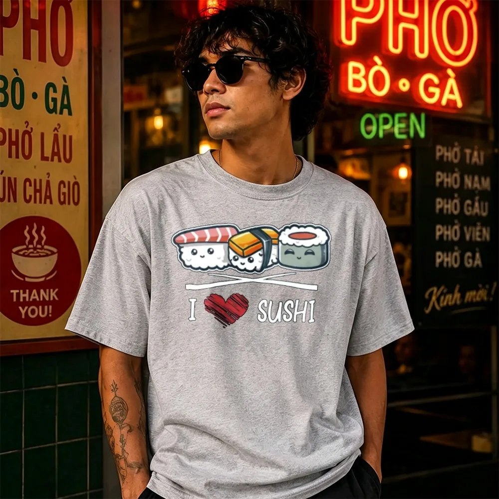 I Love Sushi Red Heart Cute Cartoon Nigiri Sushi Graphic Cotton Tshirt Food Lover Retro Streetwear Short Sleeve Daily Casual Tee