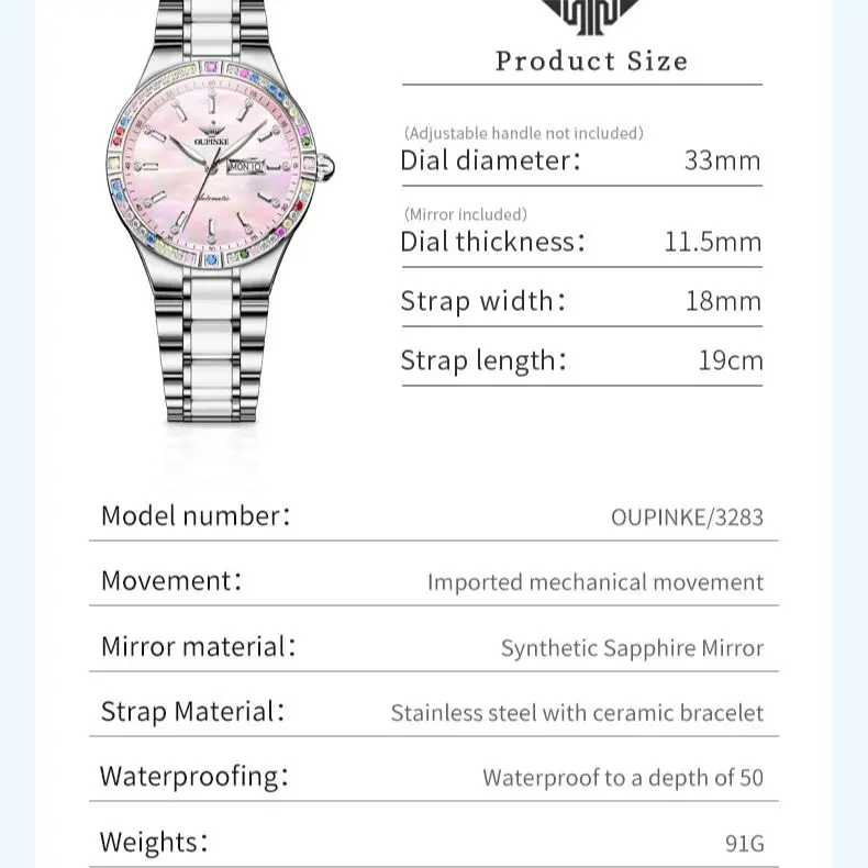 OUPINKE 3283 Women\'s Watches Luxury Colored Diamond Bezel Luminous Pointer Elegant Auto Date Ladies\' Watches NEW