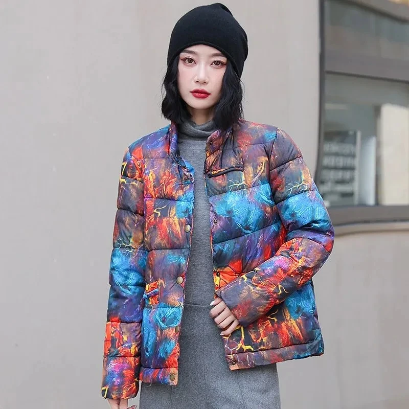 

Vintage Ethnic Print Thickened Down Cotton Jacket Short Zipper Loose Cotton Wool Winter Clothing Padded Cotton Jacket Parka XXXL