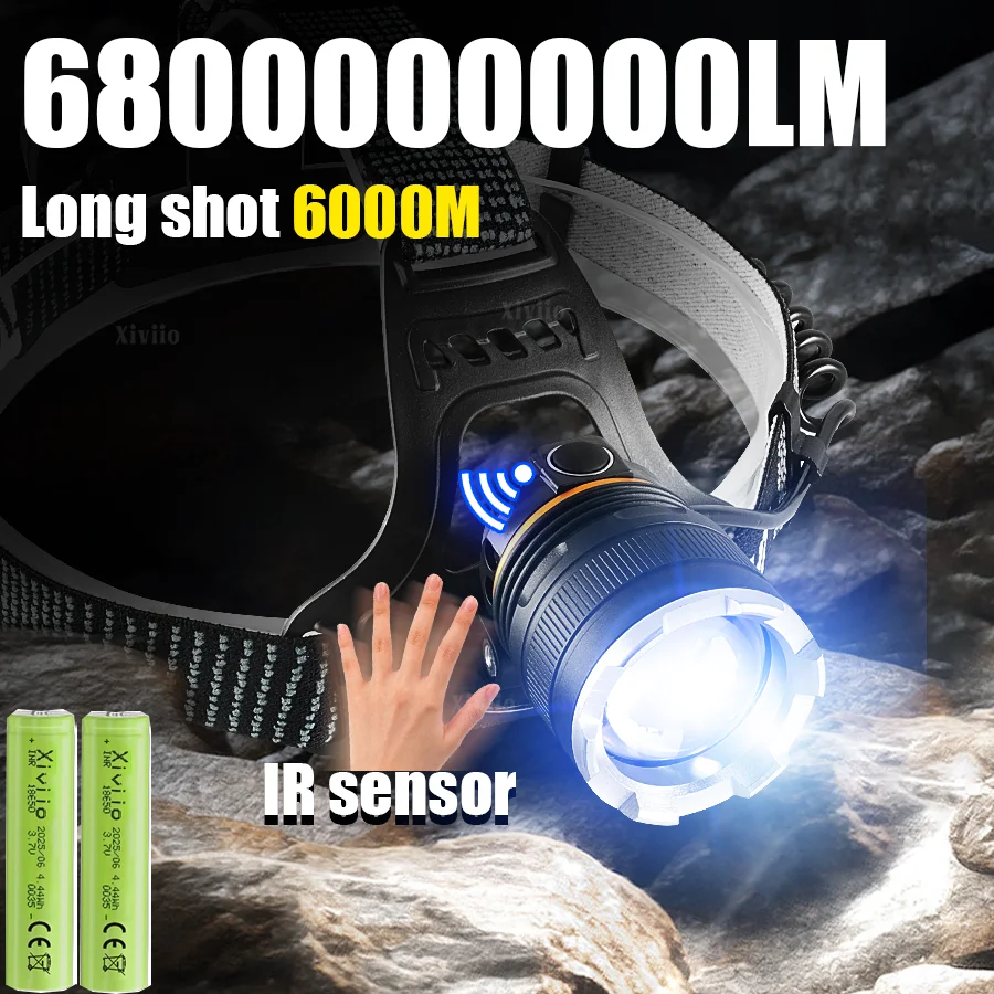 عالية قوية LED المصابيح الأمامية السوبر مشرق المصابيح الأمامية القابلة لإعادة الشحن طويلة المدى 6000 متر رئيس مصباح يدوي الصيد رئيس الشعلة