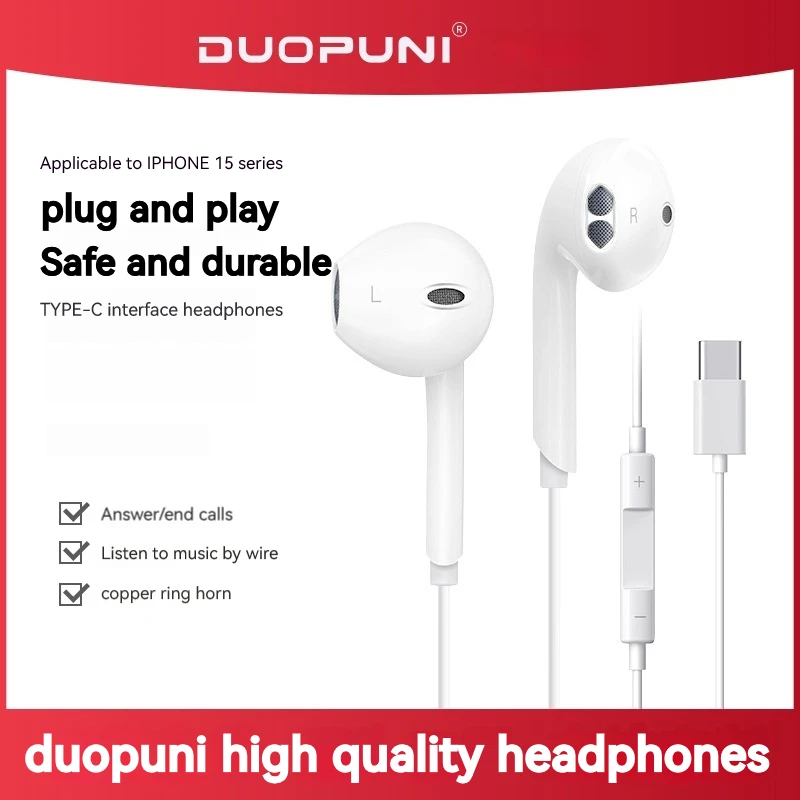 

DUOPUNI Wired Headphones For iPhone 15 Pro max In-Ear Type C Earphone with Mic Bass-Heavy Smart In-Line Call Headset Gamer