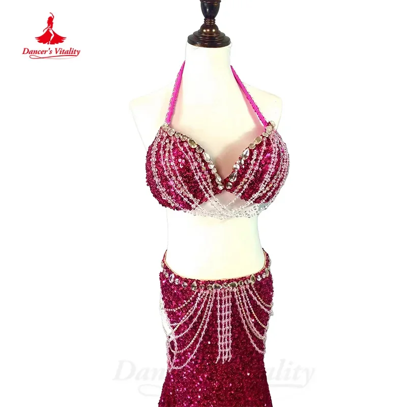 BellyDance-Costume de Luxe Personnalisé avec Soutien-Gorge et Jupe Longue à Paillettes, Vêtements de Performance Professionnelle