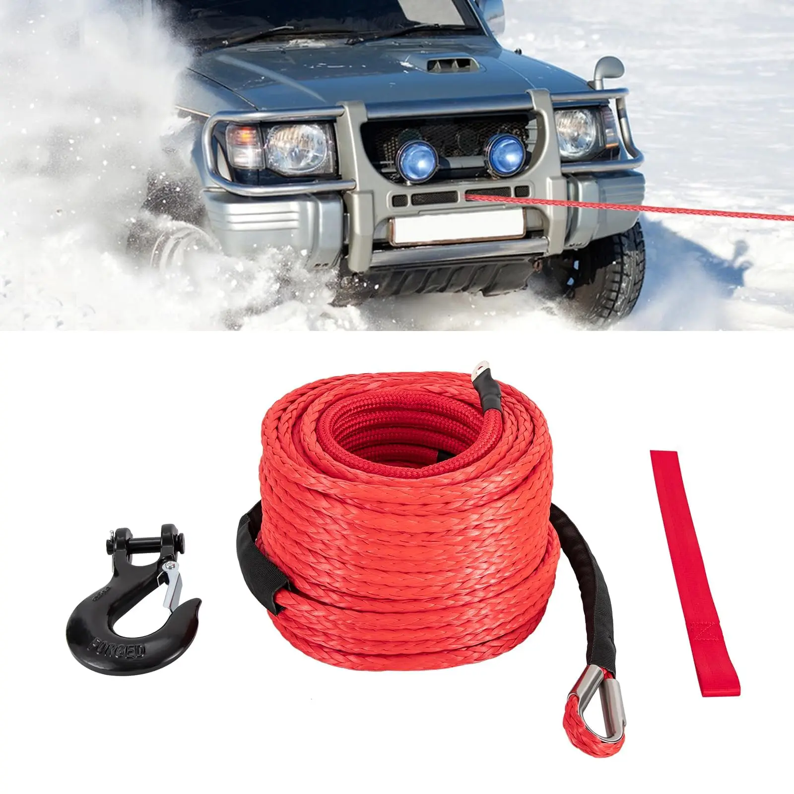 合成ウインチロープ、3/8インチ x 100フィート合成ロープウインチ、233、809ポンドウインチロープケーブルキット、安全プルストラップ付きウインチライン