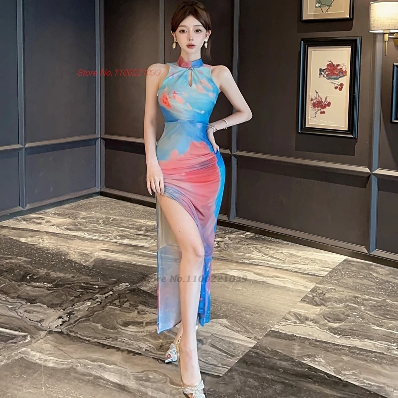 2024 abito sexy cinese tradizionale cheongsam fiore nazionale stampa abito senza maniche qipao discoteca banchetto abito da sera qipao