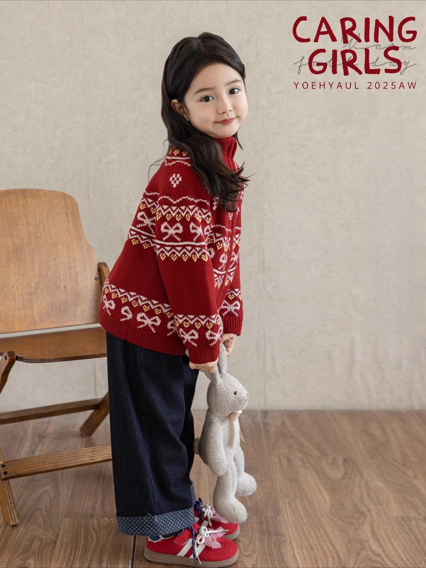 New 2025 Winter Girls Retro High Neck Cardigan Wool Blend Thermal Loose Fit Sweater for 1-7 Years