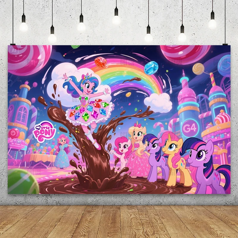 

Disney My Little Pony Candy Factory Backdrop Party Decor Pinkie Pie Rainbow Dash Happy Birthday Photography Background Custom