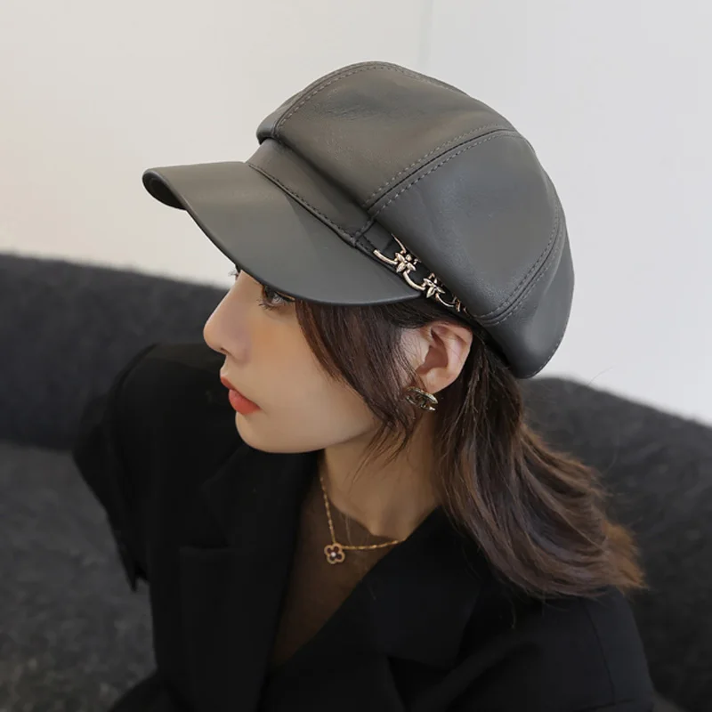 Spring Harajuku Women Winter Octagonal Hat Female British Retro Genuine Leather Beret Caps Baseball Cap Golden Chain Beanies