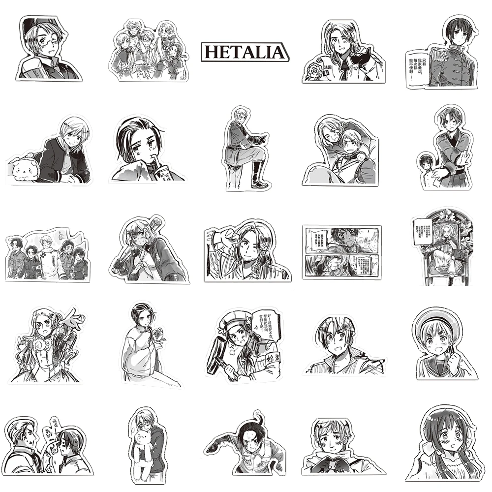 Autocollants waterproof Hetalia Axis Powers, 10/30/75 pièces, stickers, dessin animé, cool, noir, blanc, graffiti, pour ordinateur portable, téléphone