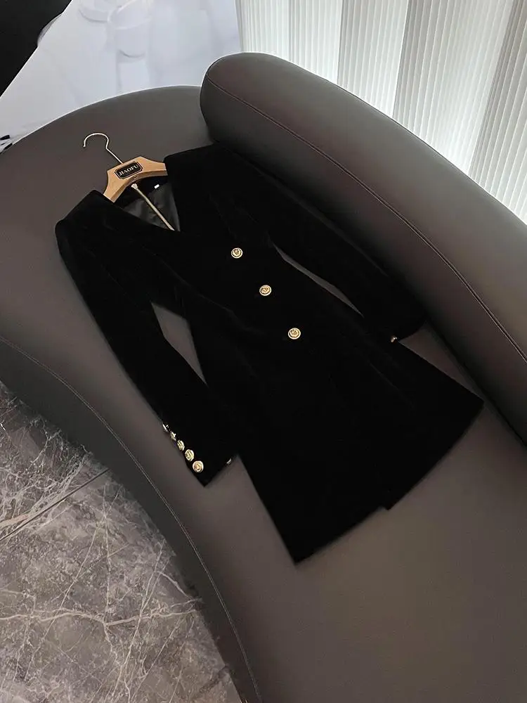 Hebe Sle velours tissu Long Sve v-ne coupe ajustée t-shirt bouton costume Dr femmes Ci trajet Faion printemps automne hiver