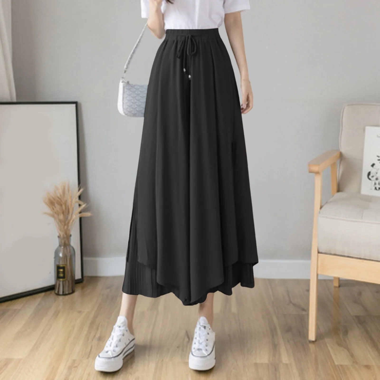 

Women's Summer Commute Skirt Pants Solid Color Stylish Chiffon Drawstring Mid-Calf Length Wide Leg Trousers Elegant Culottes