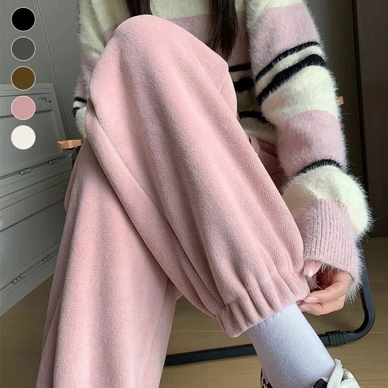 

GIDYQ Winter thick warm pants women vintage pink plush casual high waist sweatpants Korean all match solid bloomers female new