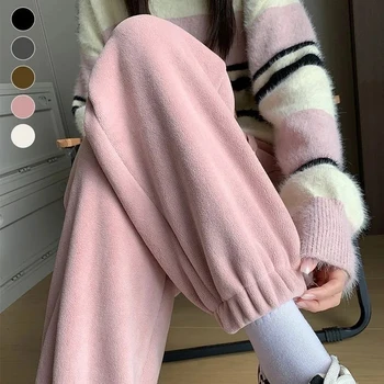 GIDYQ Winter thick warm pants women vintage pink plush casual high waist sweatpants Korean all match solid bloomers female new