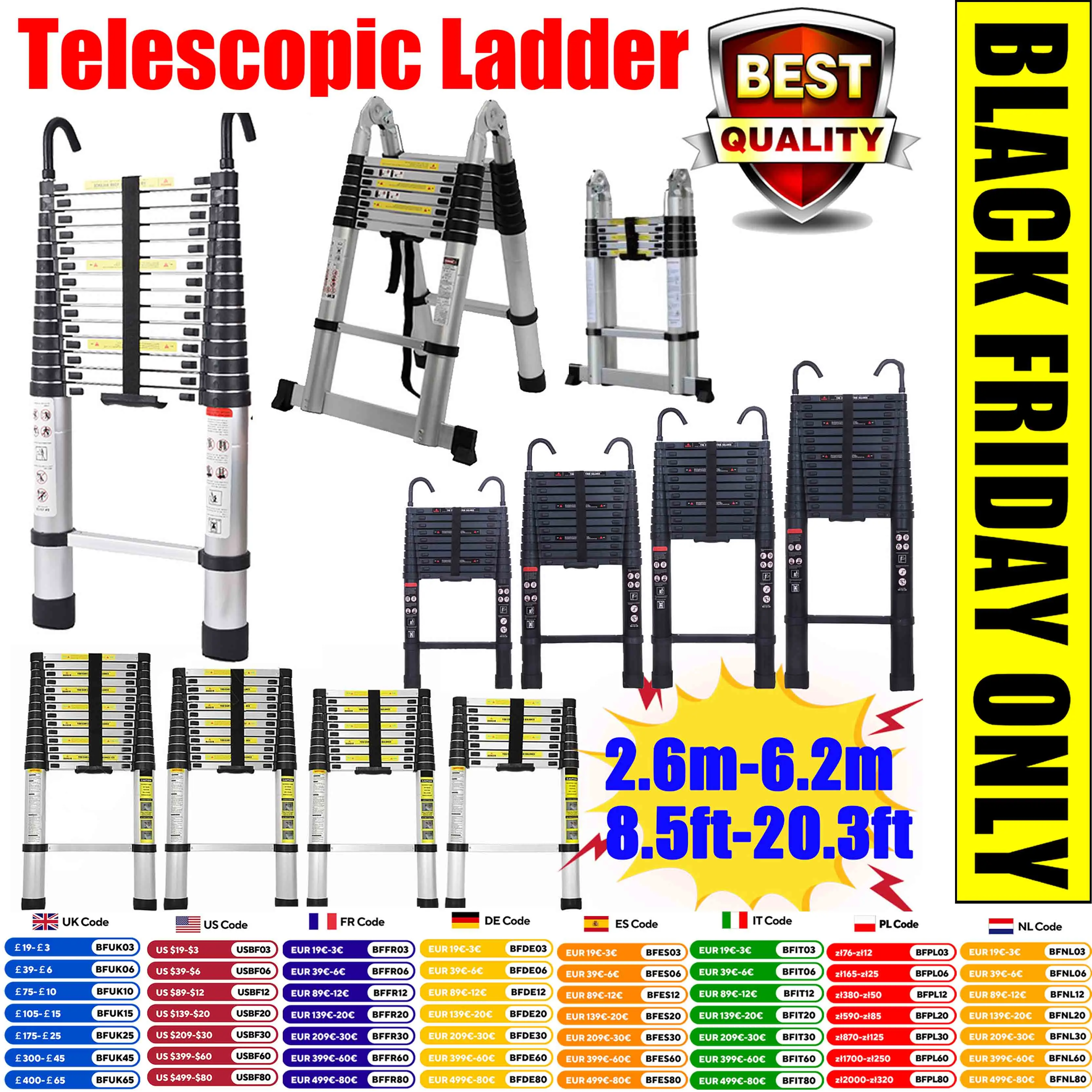 

Telescopic Ladder 2.6m-6.2m, Portable Extendable Multi-Purpose Folding Aluminium Ladder Heavy Duty Extension Step