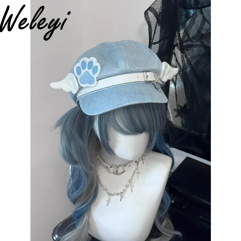 

Japanese Style Cute Water Color Hat Cat Claw Wings Beret Woman Original Subculture Culture Mine Hats for Women Chapeu Feminino