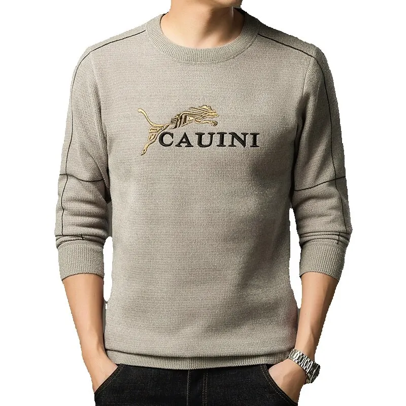 

Fleece Men's Sweater Leopard Pattern New Trendy Ferret Thickening Male Pullovers Fashion Embroidery Base Luxury Brand Sweaters