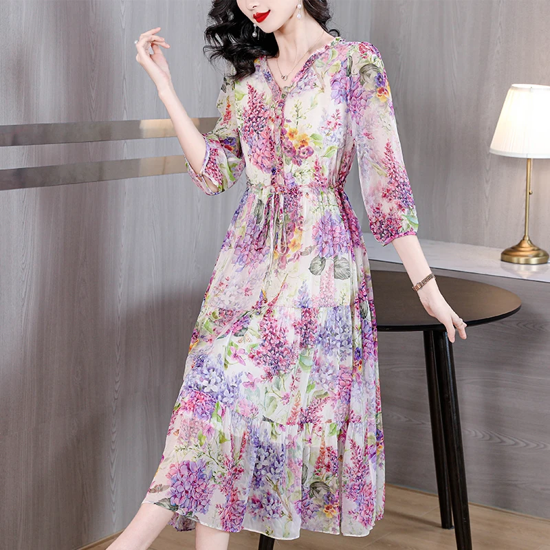 

2023 Women's Silk Autumn New Blossom Print Loose and Slim Large Dress Mesh Spliced Long Sleeve V-Neck Dress Knee Length Robe