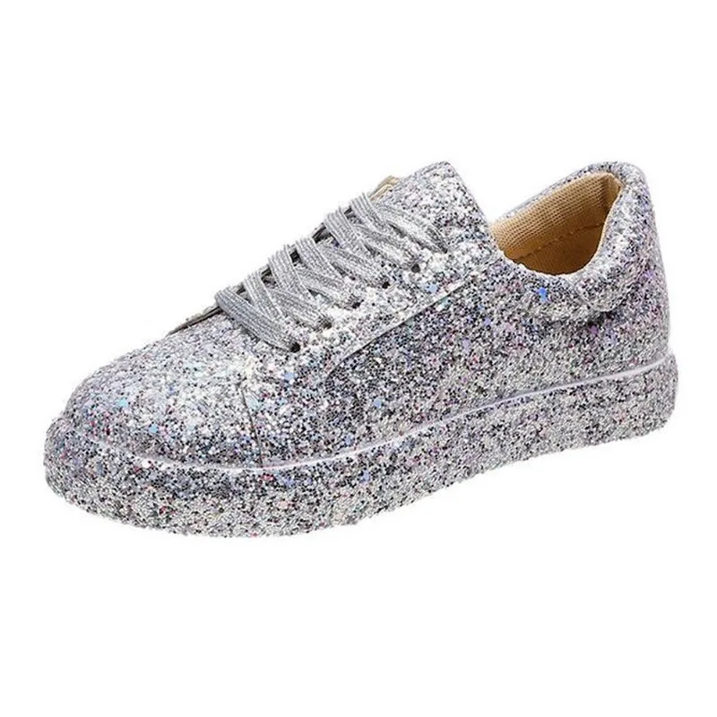 Spring and autumn big size new flat casual glitter lace-up low top sports shoes women shoes zapatos de mujer sneakers