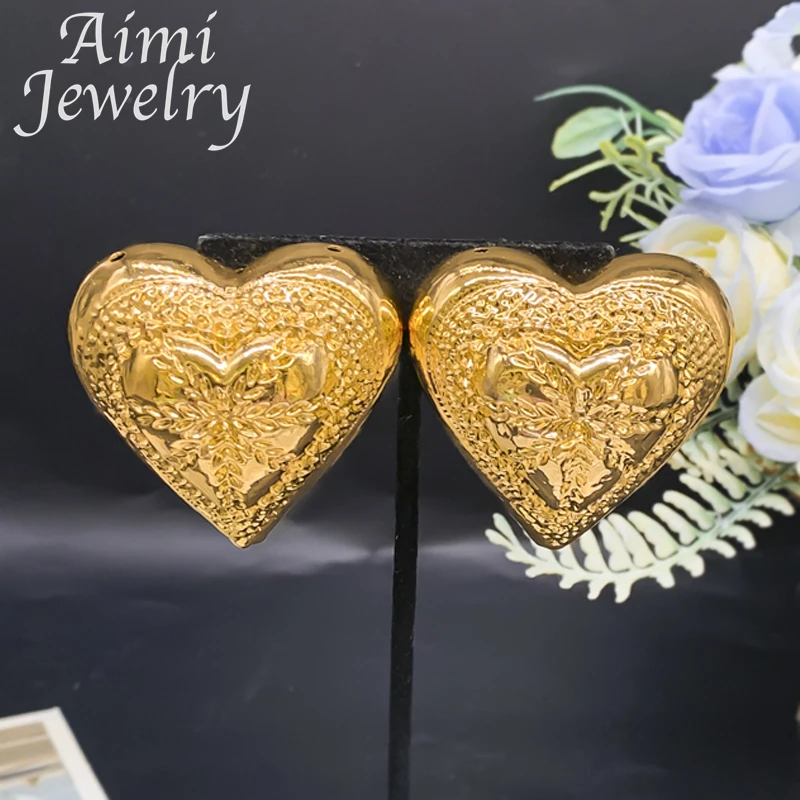 Heart Women Stud Bold Original Earrings Dubai 24K Gold Plated Earring Party Valentine's Day Wedding Gifts African Jewelry Sets