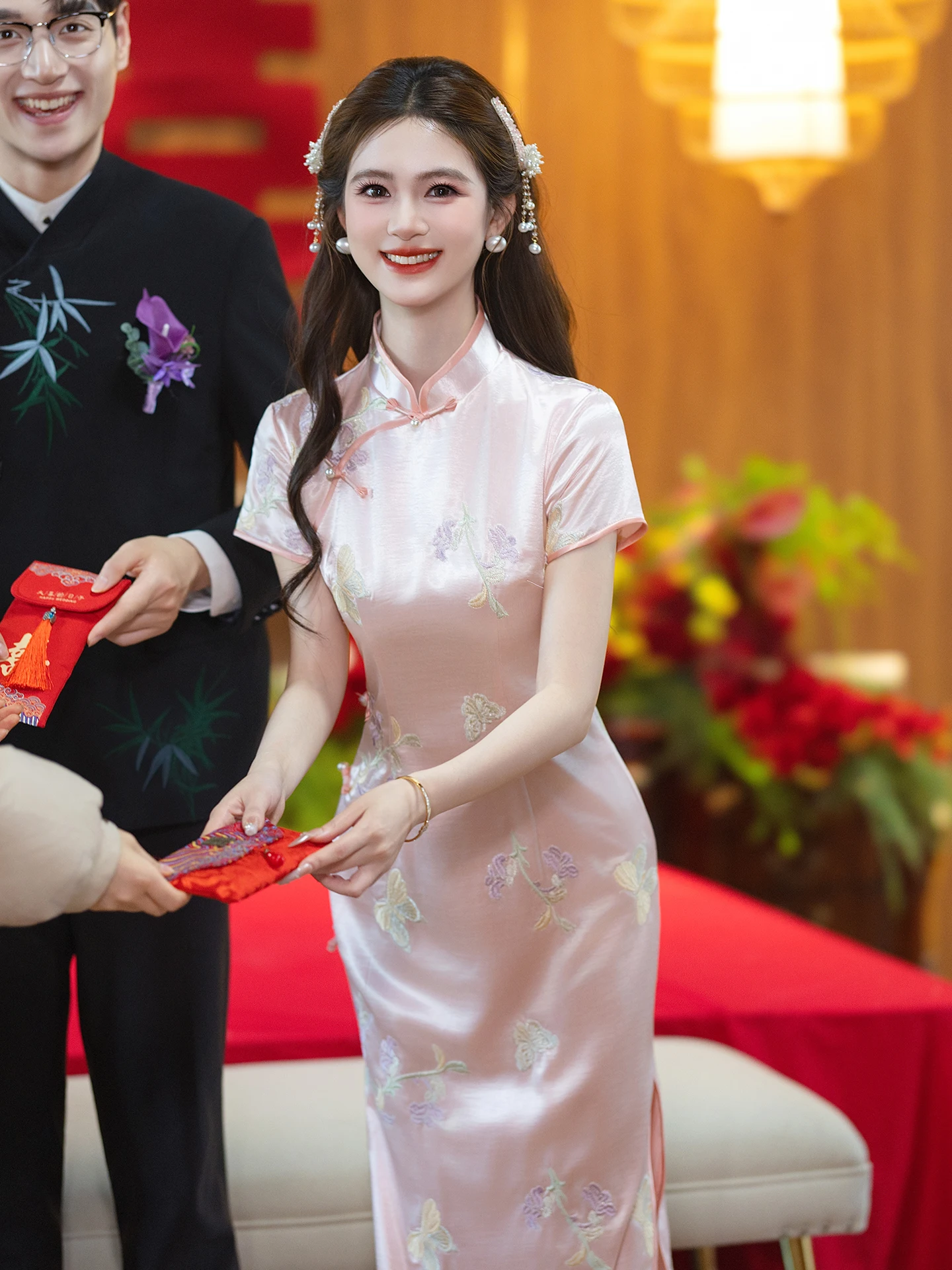 

Engagement Pink New Chinese Style Wedding Dress Short Sleeve Mid-Length Gown Beautiful Daily Wear Morning Robe for ...