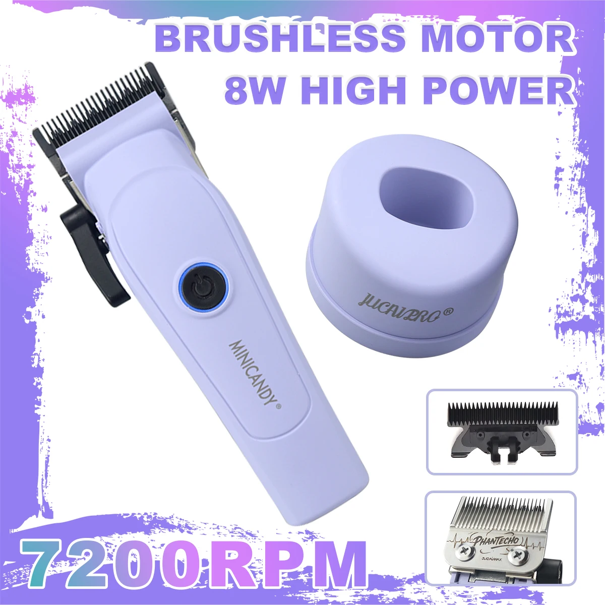 JUCAI MINICANDY JC06 ماكينة قص الشعر الاحترافية DLC Blade 7200RPM محرك بدون فرشاة مع شاحن قاعدة 3200 مللي أمبير في الساعة محل حلاقة