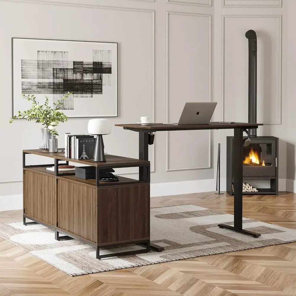 

66 L-Shaped Electric Adjustable Desk with 2 Drawer Cabinet, Walnut Top, Home Office Computer Desk