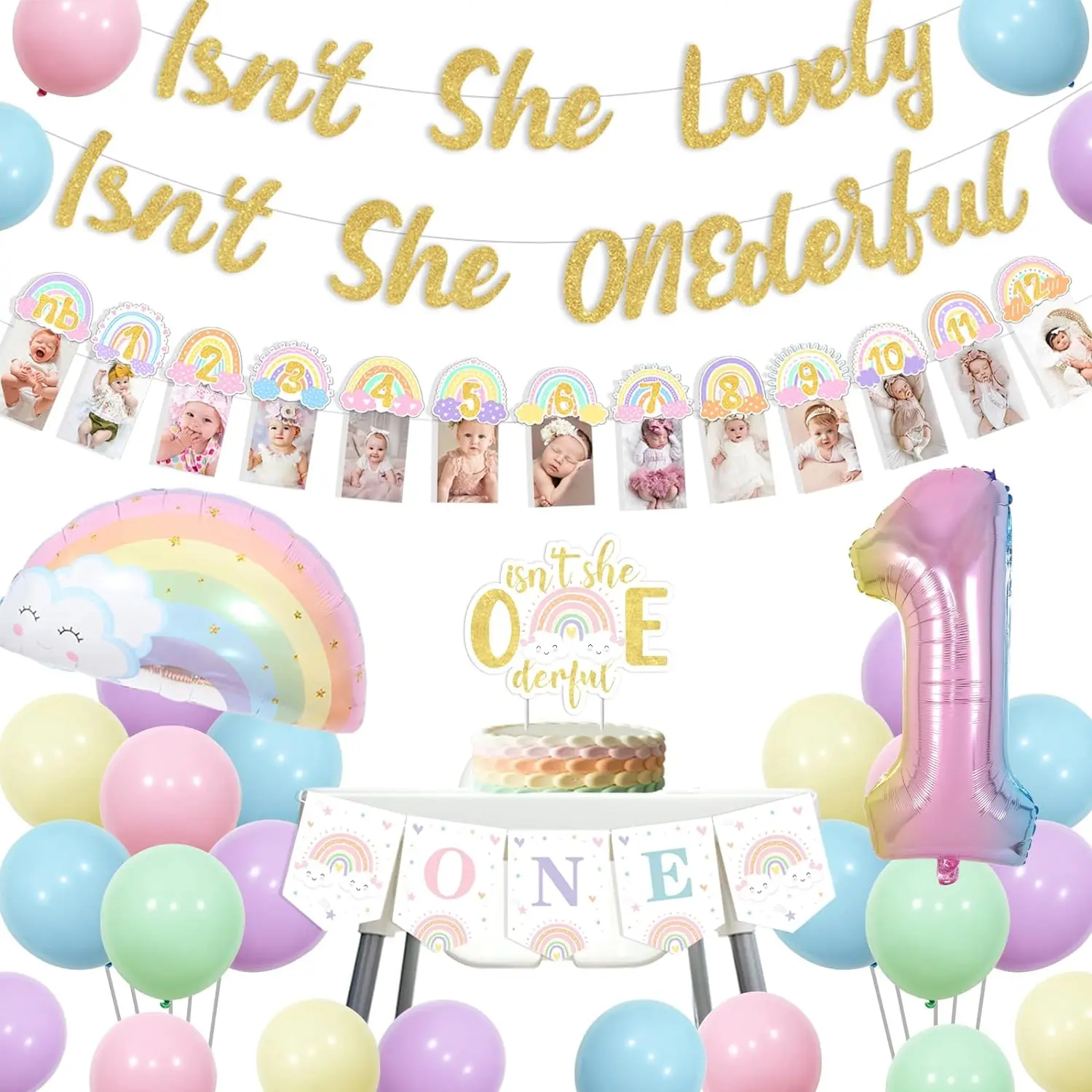 

Pastel Rainbow 1st Birthday Decor Isn't She Lovely Isn't She Onederful First Birthday Macaroon Monthly High Chair Banner