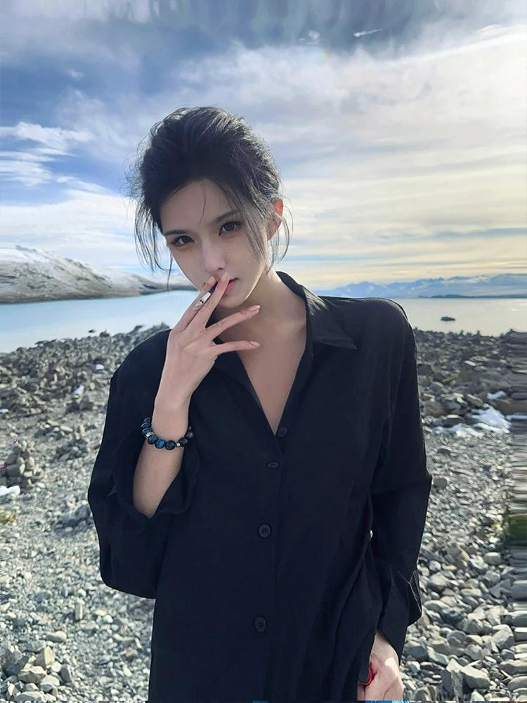 

Оригинальная женская рубашка Xia Yuan Sli свободного кроя с длинными рукавами, тонкая, с защитой от солнца, черная, летняя, модная