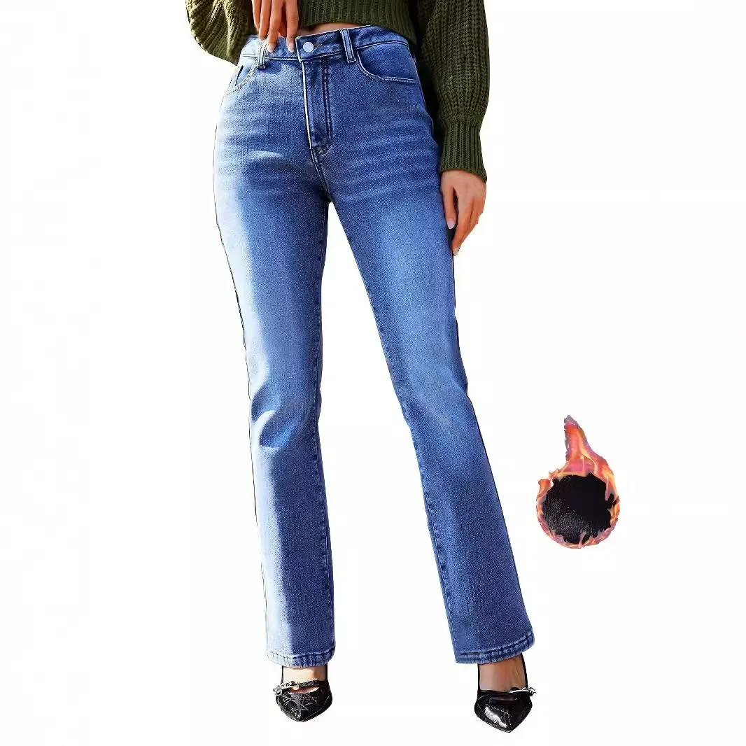 

Women High Waist Denim Straight Pants Ankle Length Washed Jeans Zipper Fly Loose Solid Pockets Basics Winter Fleece Jean