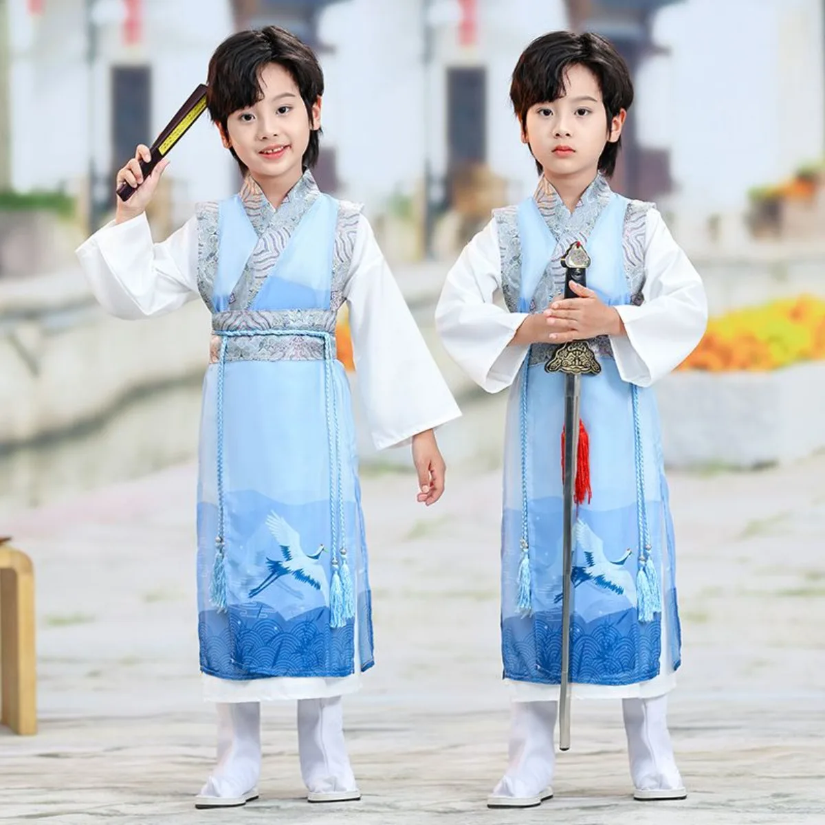 

Традиционный китайский костюм Ханьфу для мальчиков, длинная рубашка на весну-осень, летний тонкий костюм Тан, красивый костюм в старинном стиле для детей