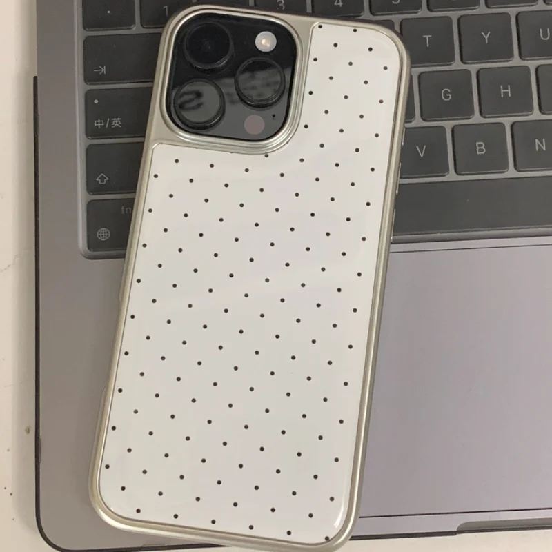 Minimalist Silver Frame Black Polka Dot Phone Case For iPhone 17 16 15 14 Pro Max 13 Y2K Cover Ins Style Shokproof Protect Shell