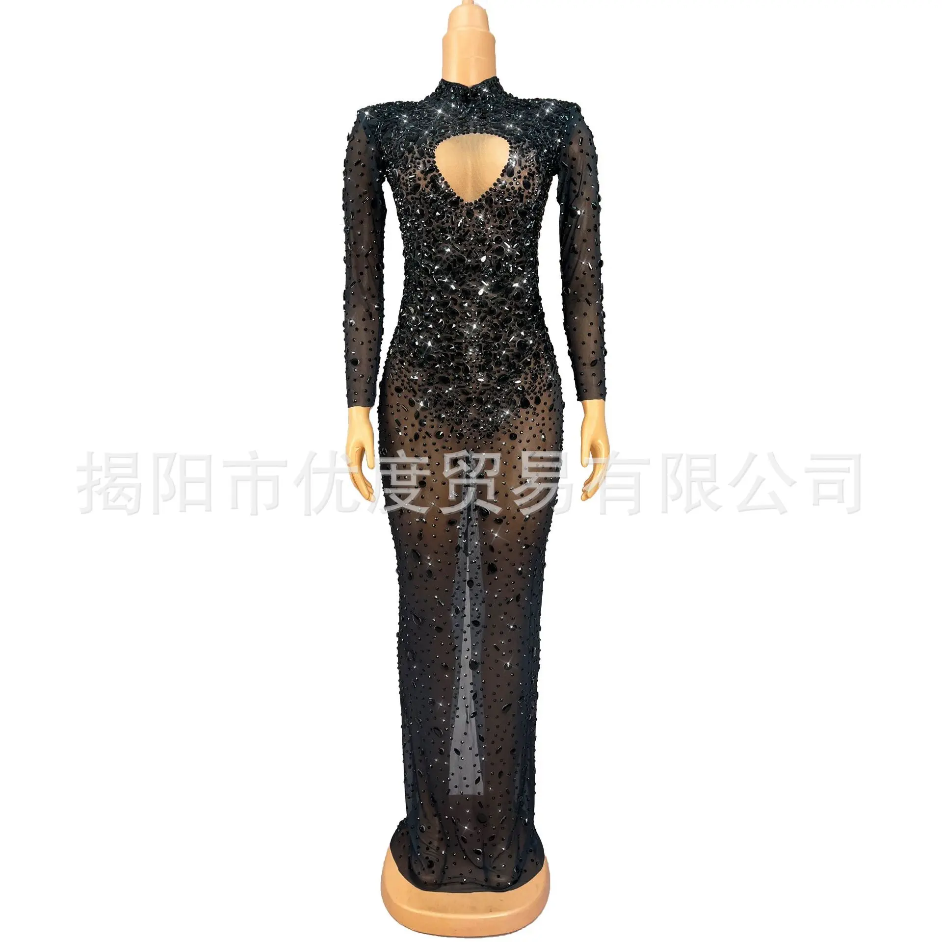 Bright Handmade Rhinestones High-end Temperament Cocktail Party Red Carpet Long Dress Performance Bright Black Vestido De Fiesta