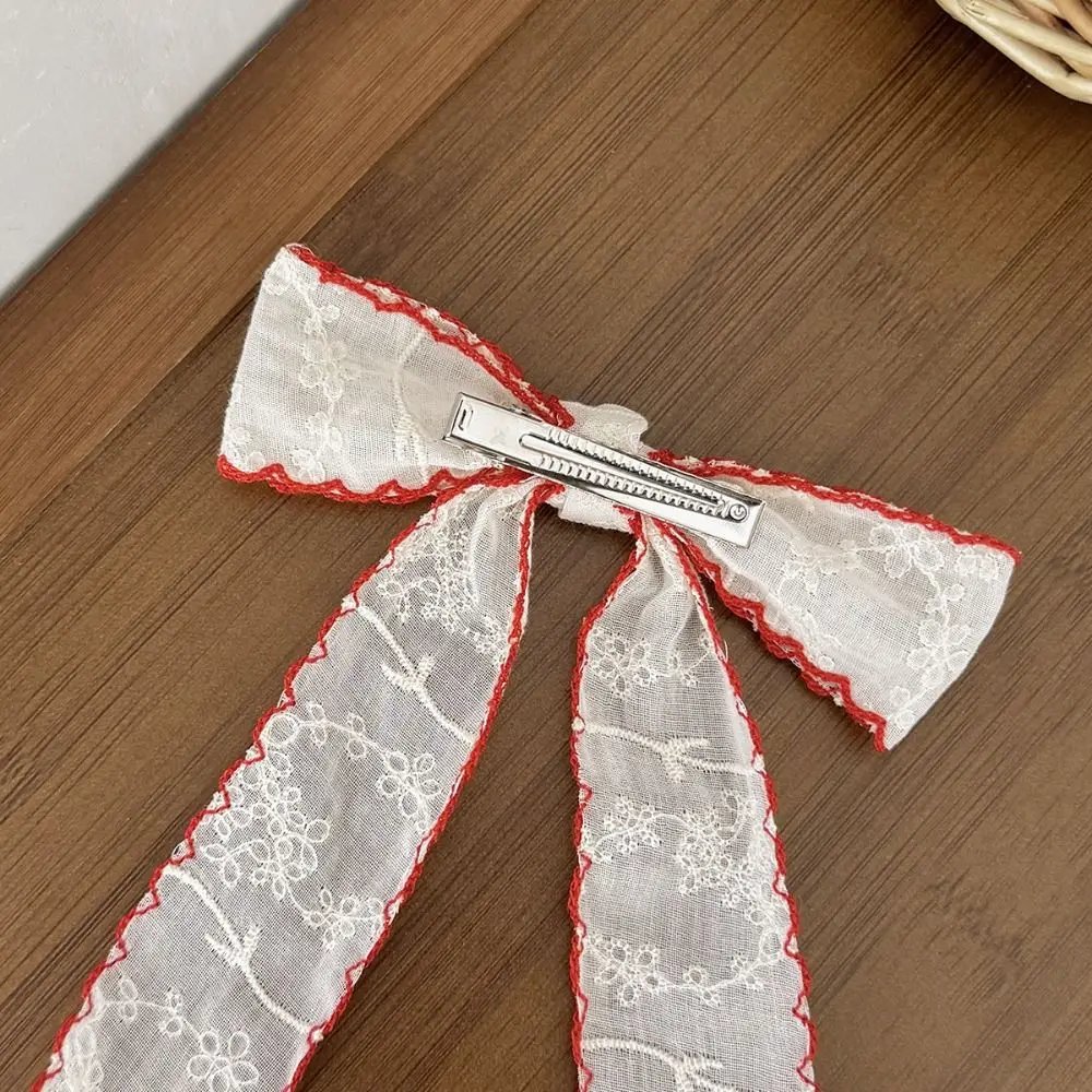 Lace-trimmed Bow Hair Clips Long Tail Versatile Lace Hair Clip Simple Handmade Floral Embroidery Girl's Bow Hair Accessory