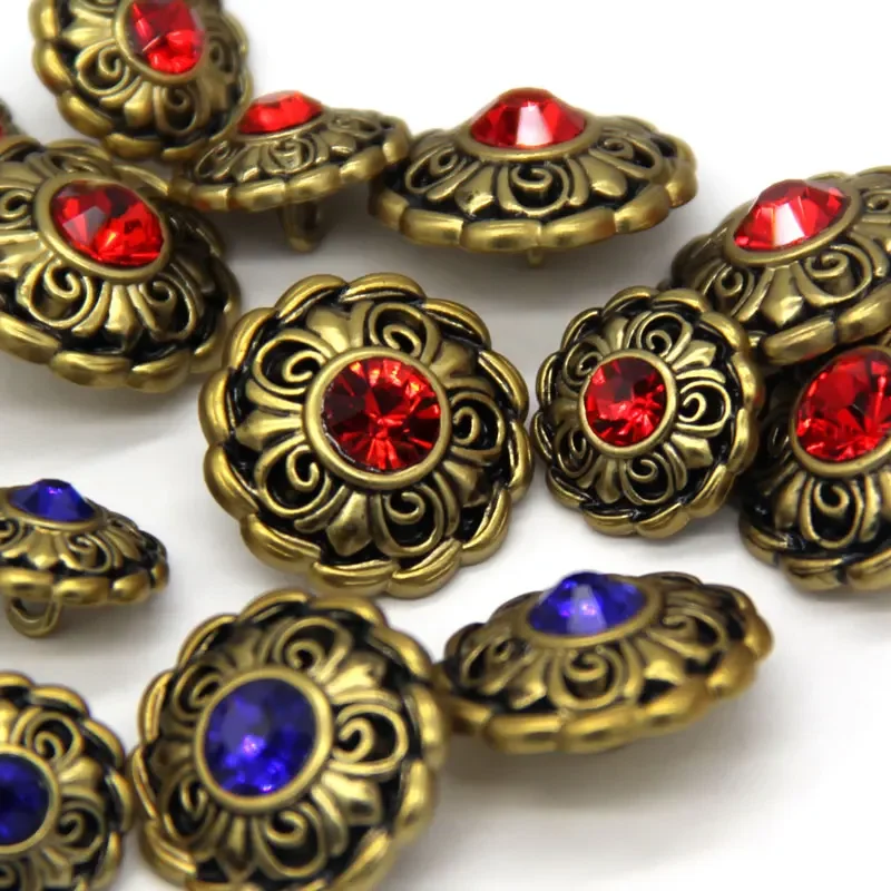 6pcs Antique Colorful Flower Bronze Rhinestones Buttons For Clothes Chic Suit Blazer Party Dress Handmade Decorations DIY Crafts