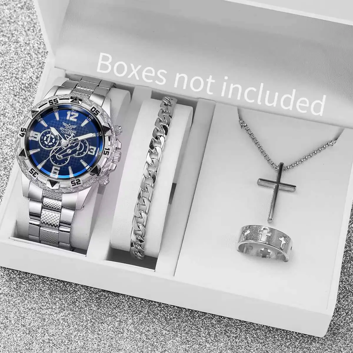 남성용 비즈니스 시계 패션 스틸 밴드, 아날로그 쿼츠 시계, Relogio Masculino 쥬얼리 세트, 박스 없음, 4PCs/세트