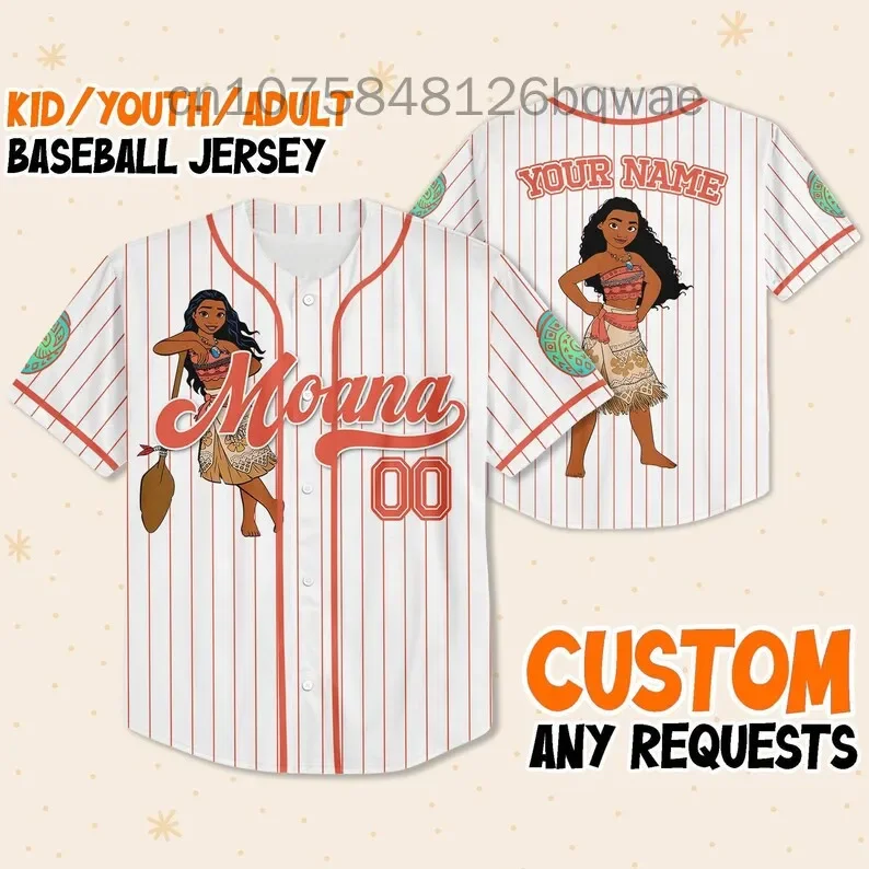 Summer New Disney Moana Princess Baseball Jersey  Casual Fashion Button Street Customized Men's and Women's Baseball Jersey