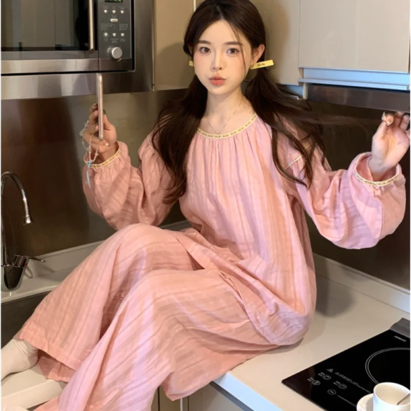 

Kawaii Женские пижамы, весенне-осенний комплект брюк с длинными рукавами, ленивый стиль, простая хлопково-марлевая домашняя одежда с облаком, новый стиль