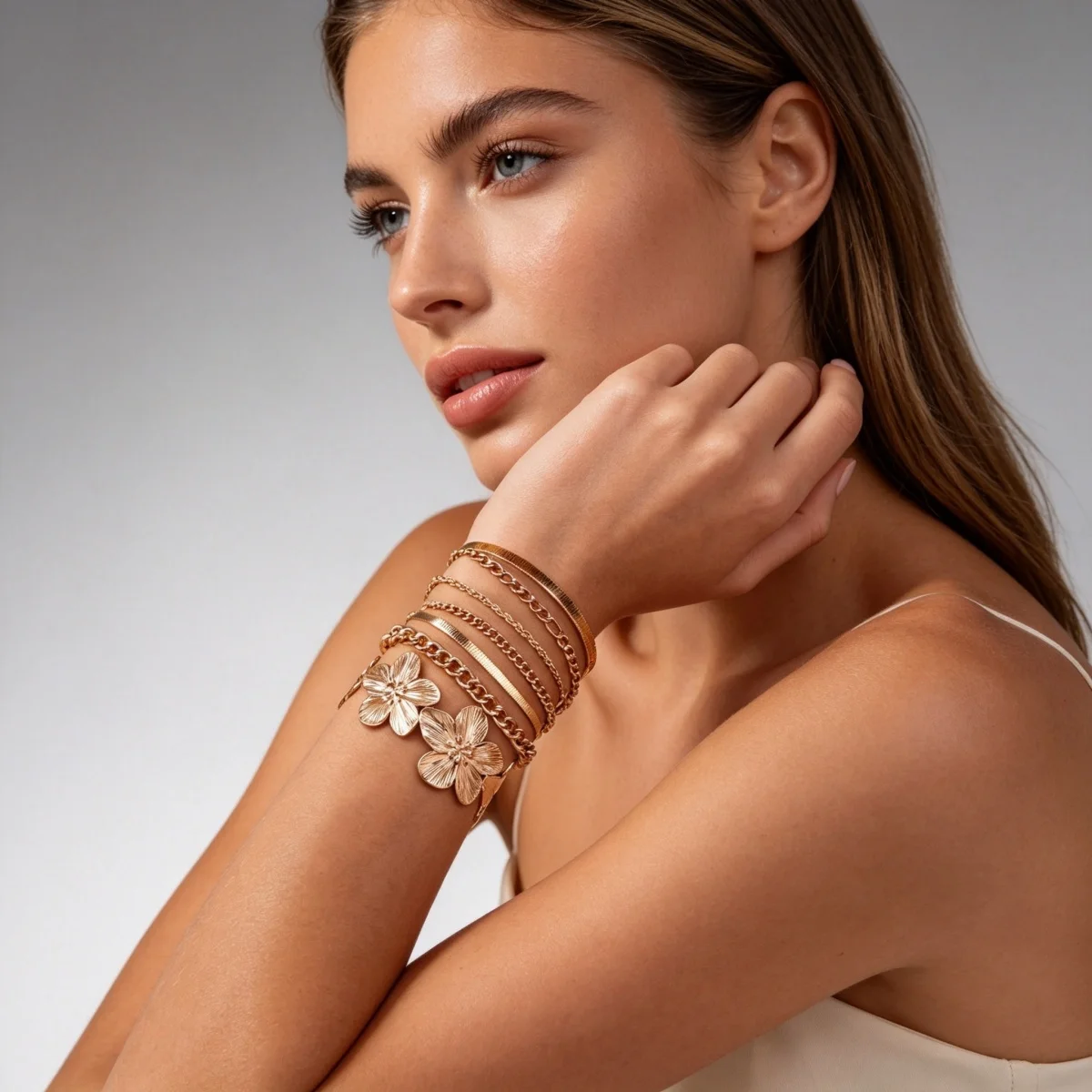 Minimalistische, strukturierte Metall-Blumen-Schlangenkette, stapelbare Armbänder für Damen und Herren, Punk-Figaro-Curb-Twist-Kettenarmreif, Party-Schmuck – Detail 20