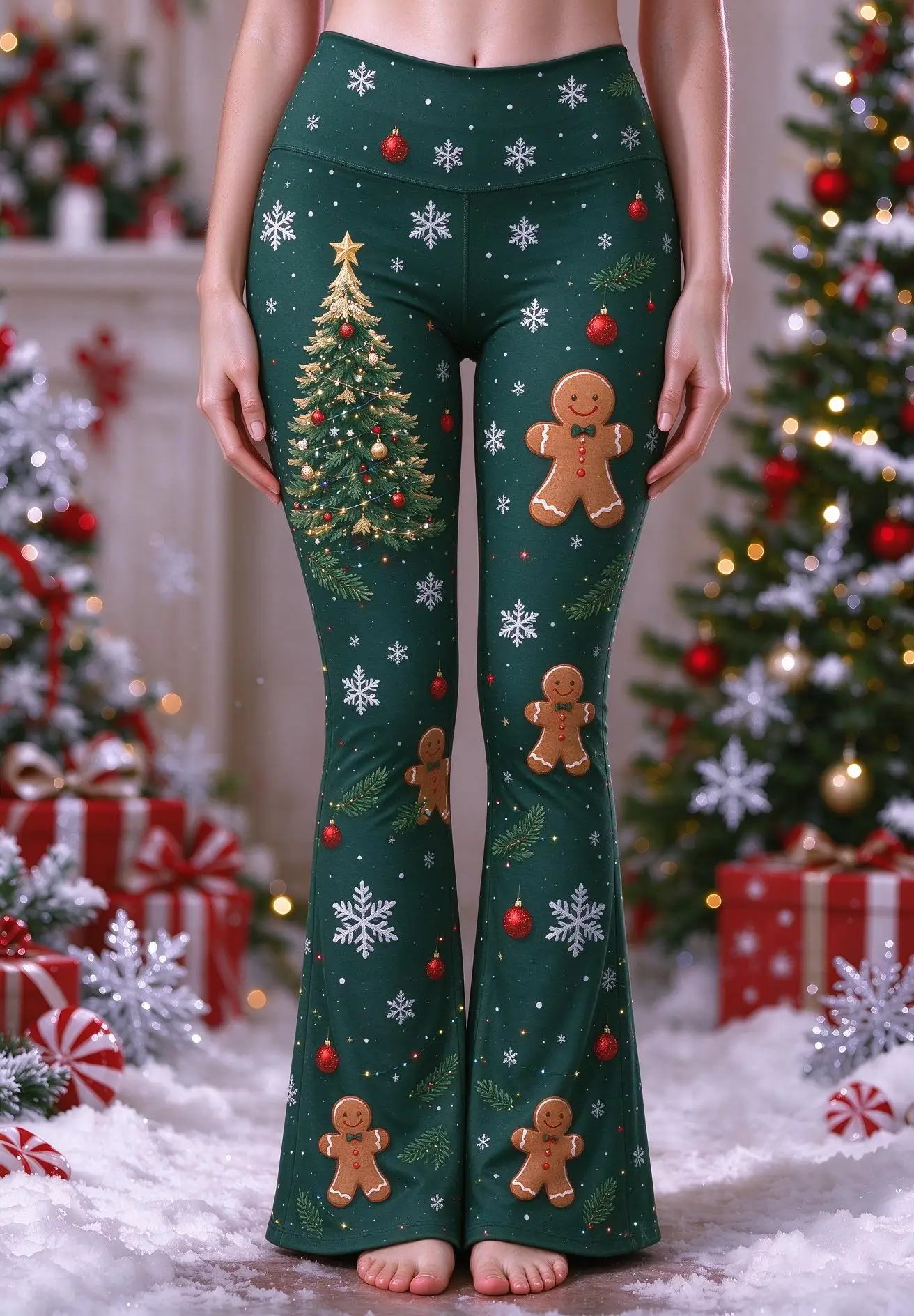 Women Mid-Rise Slim Flared Pants Christmas Green Gingerbread Man Xmas Tree Snowflake Bauble Print Stretch Bell Bottoms