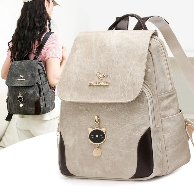 Women's Large Capacity Pu Fabric Texture Commuting Waterproof Travel Anti-Theft Backpack Retro White Bag Crossbody Pack