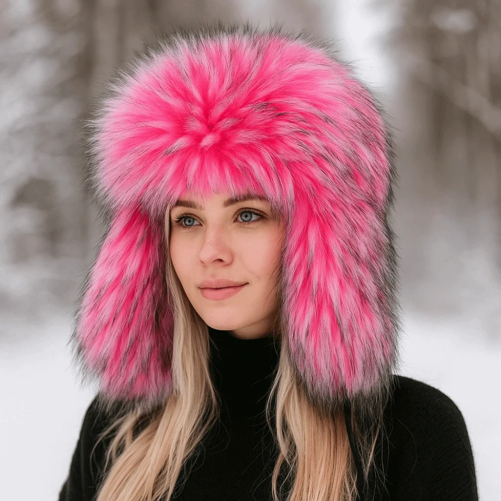 

Fluffy Bomber Hats Round Earflap Faux Fur Winter Round Earflap Cap Russian Style Warm Faux Fur Hats