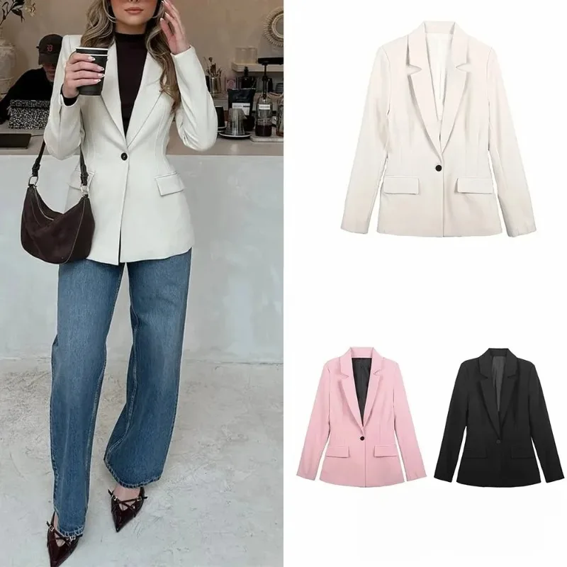 

Office Lady Slim Beige Blazer Women Single Buttons Neck Pockets Blazer Fashion Casual Long Sleeve Jacket Business